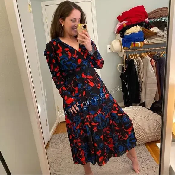 Hunter Bell New York Blue Red Black Floral V Neck Long Sleeve Maxi Dress Gown 2